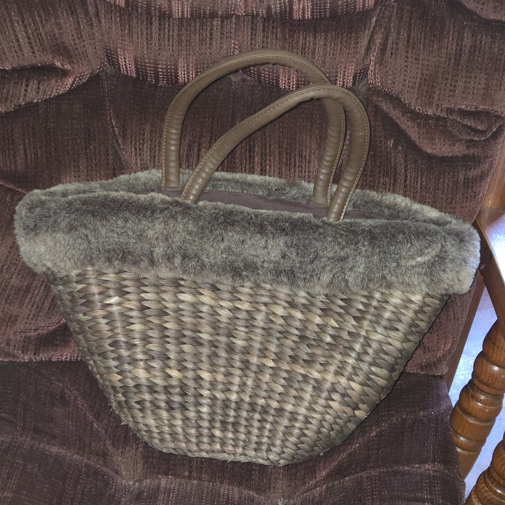 Brown Woven Tote with Faux Fur Trim